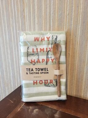 NWT Demdaco Green and White Striped Tea Towel with Wooden Tasting Spoon